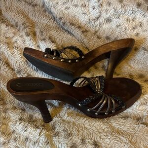 XOXO Black Braided Leather High Heel Mules with Stud Detail